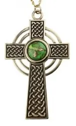 Large Celtic Cross with 12mm Persian Green Copper Turquoise Gemstone on Rolo Chain